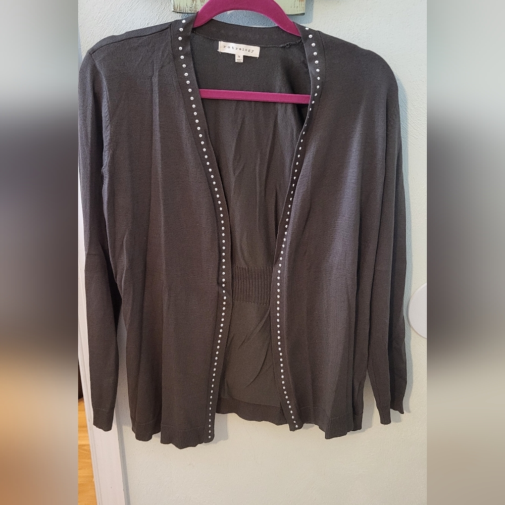 Olive Green Studded Open-Front Sweater
